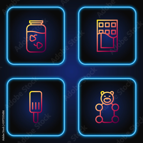 Set line Jelly bear candy, Ice cream, Strawberry jam jar and Chocolate bar. Gradient color icons. Vector.