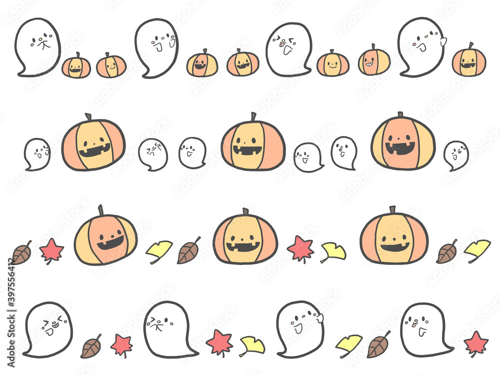 ハロウィンかぼちゃとかわいいオバケたちの秋の手描き風横長ラインイラスト Stock Illustration Adobe Stock ハロウィンかぼちゃとかわいいオバケたちの秋の手描き風横長ラインイラスト Stock Illustration Adobe Stock