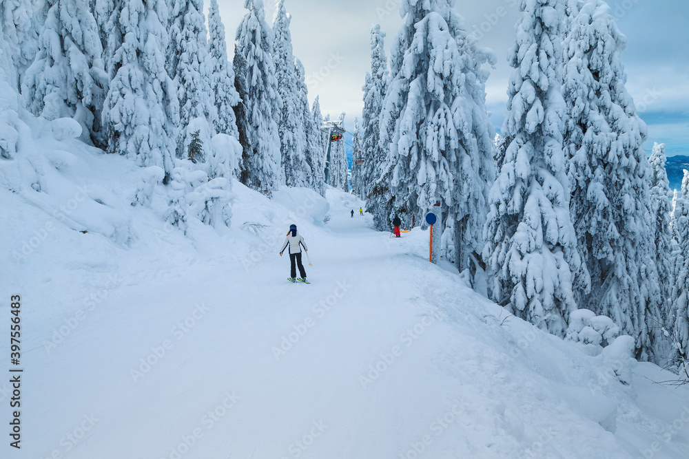 Winter ski resort with skiers on the slope, Transylvania, Romania