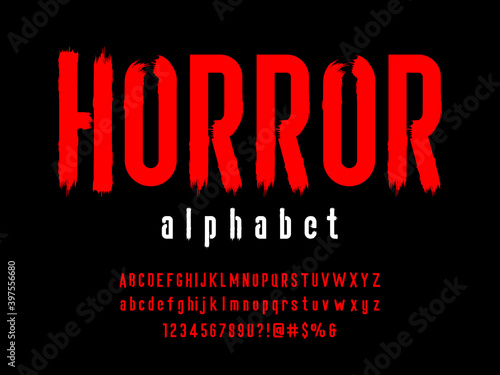 Vector of stylized horror alphabet design with uppercase, lowercase, numbers and symbols