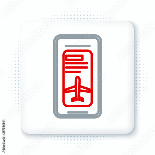 Line Smartphone with electronic boarding pass airline ticket icon isolated on white background. Passenger plane mobile ticket for web and app. Colorful outline concept. Vector.