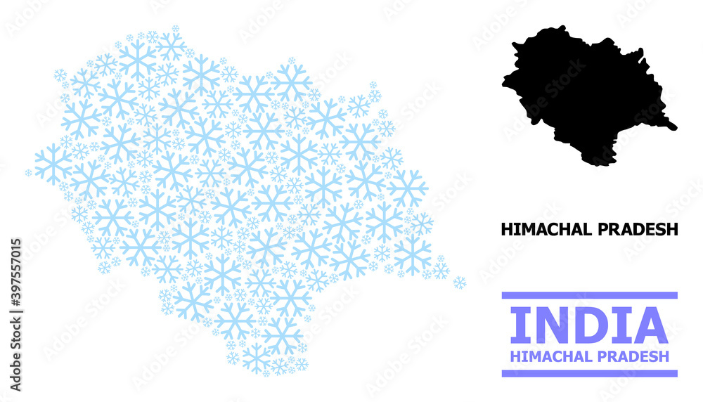 Vector composition map of Himachal Pradesh State designed for New Year, Christmas celebration, and winter. Mosaic map of Himachal Pradesh State is designed from light blue snow elements.