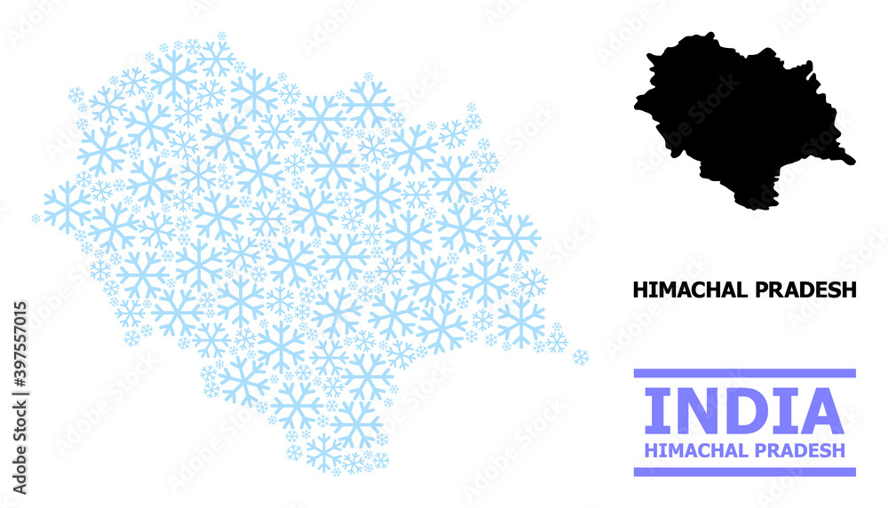 Fototapeta premium Vector composition map of Himachal Pradesh State designed for New Year, Christmas celebration, and winter. Mosaic map of Himachal Pradesh State is designed from light blue snow elements.