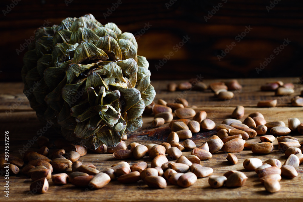 Fototapeta premium cedar nut, cones and pine nuts