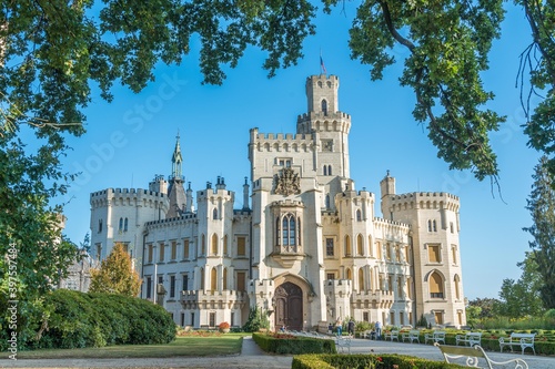 Beautiful renaissance castle Hluboka in the Czech Republic is located in south bohemia. Summer weather with blue sky and rose gardens. UNESCO heritage.