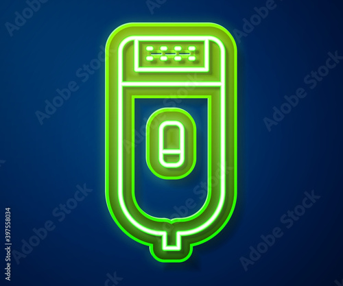 Glowing neon line Electrical hair clipper or shaver icon isolated on blue background. Barbershop symbol. Vector Illustration.