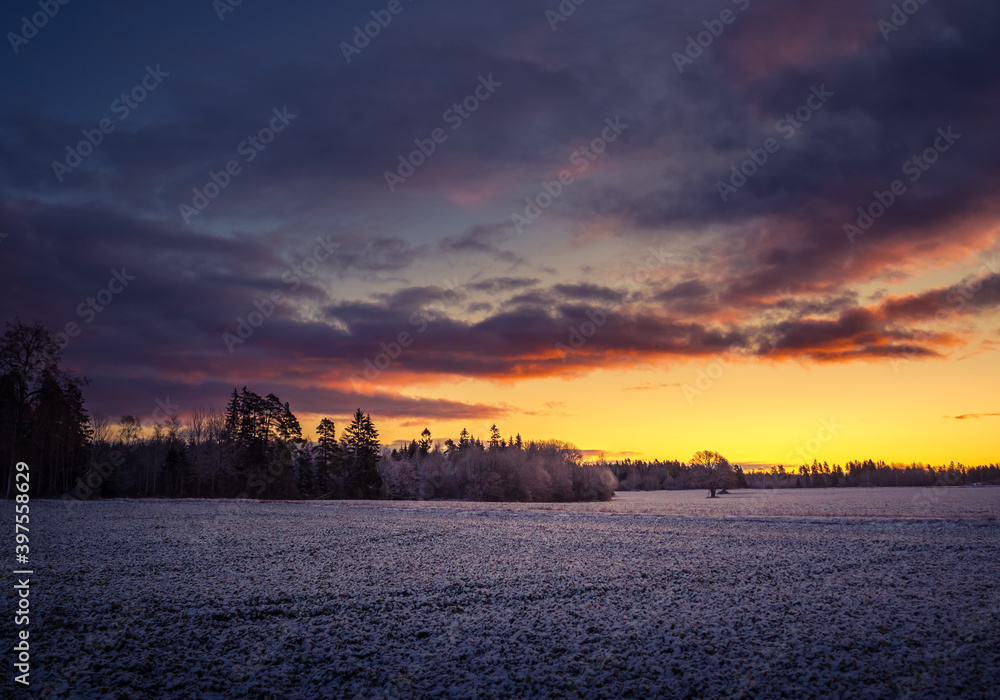 A beautiful, bright, colorful landscape of a winter sunrise. Bright sky and first snow. Winter scenery of a Northern Europe during the sunrise.