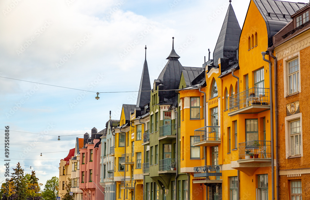 Multicolored facades of buildings in Helsinki, the capital of Finland, the traditional Scandinavian architecture