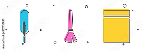 Set Feather pen, Paint brush and Plastic bag with ziplock icon. Vector.