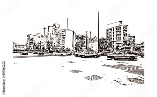 Building view with landmark of Tochal Complex consists of many recreational and sports facilities located in Velenjak, north of Tehran. Hand drawn sketch illustration in vector.
