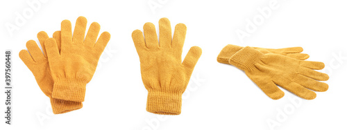 Obraz na plátně Set of yellow woolen gloves on white background. Banner design