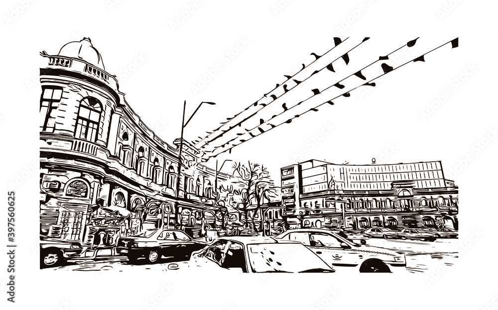 Building view with landmark of Tochal Complex consists of many recreational and sports facilities located in Velenjak, north of Tehran. Hand drawn sketch illustration in vector.
