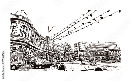 Obraz na płótnie Building view with landmark of Tochal Complex consists of many recreational and sports facilities located in Velenjak, north of Tehran. Hand drawn sketch illustration in vector. w salonie