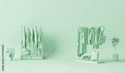Fotografi Interior of the room in plain monochrome pastel blue color with furnitures and room accessories
