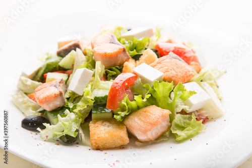 Greek salad with salmon
