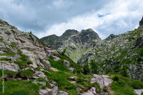 Italy, Trentino, Predazzo, Lago Brutto - 19 July 2020 - Rocky landscape in the European Alps