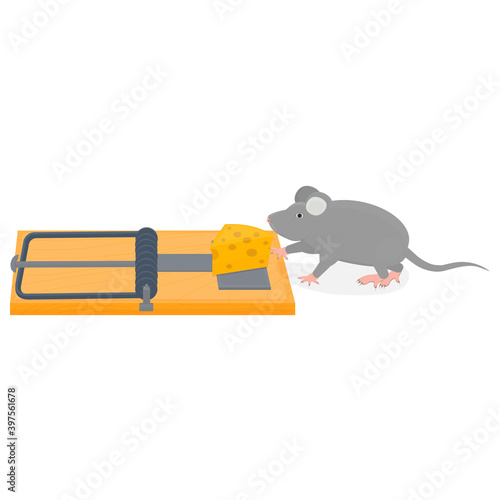 Mousetrap. Animal mouse in a trap. Bait, vector illustration
