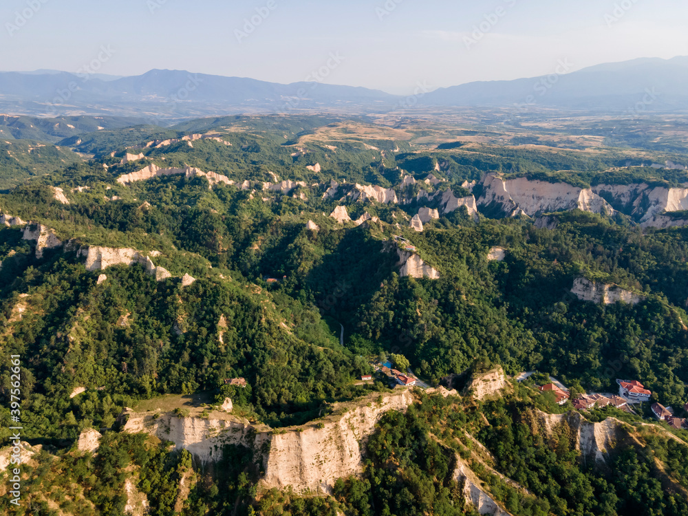 Aerial sunset view of Melnik sand pyramids, Bulgaria Aerial sunset view of Melnik sand pyramids, Bulgaria