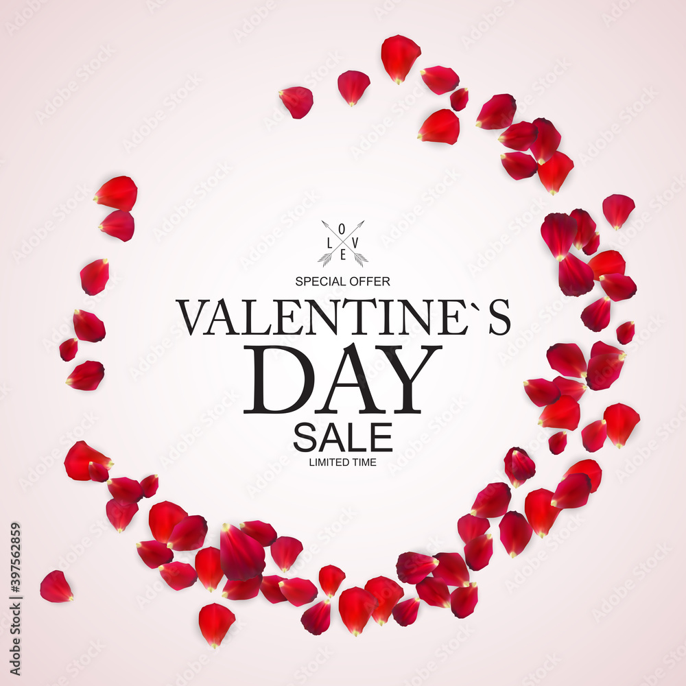 Valentines Day Sale, Discount Card with Rose Petals. Vector Illustration