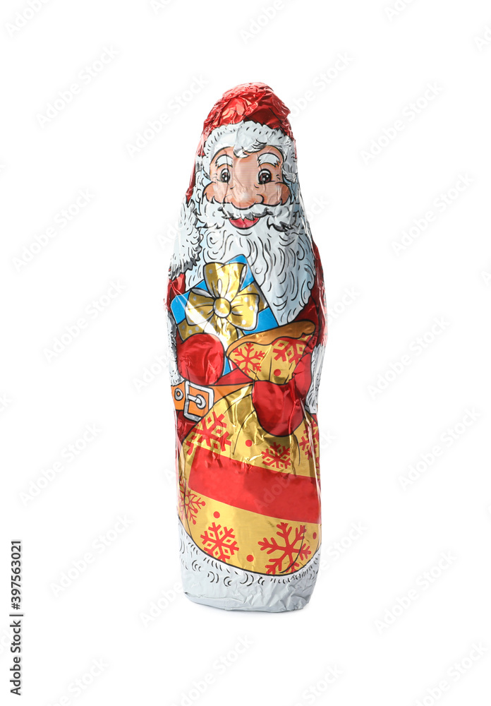 Chocolate Santa Claus in foil wrapper isolated on white