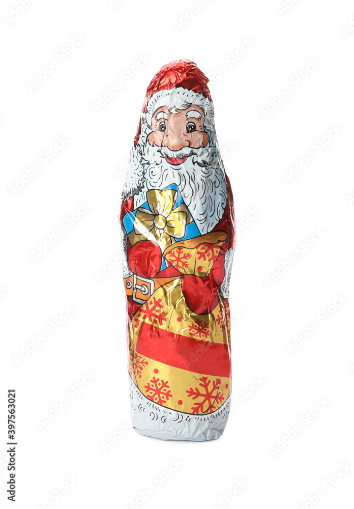 Fototapeta premium Chocolate Santa Claus in foil wrapper isolated on white