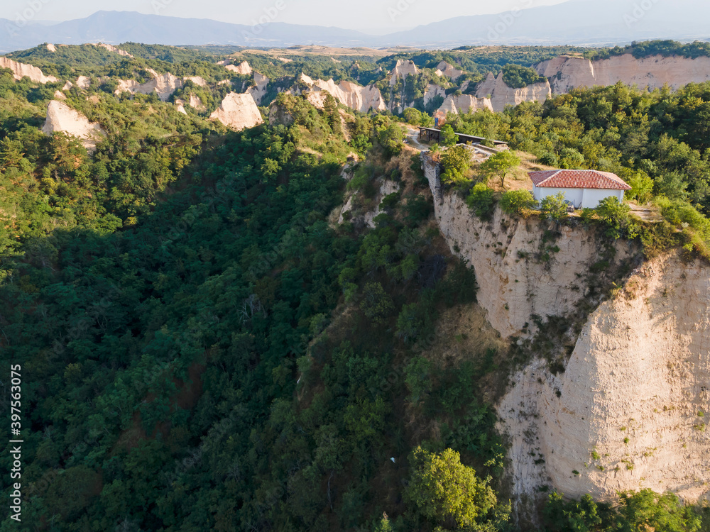 Obraz premium Aerial sunset view of Melnik sand pyramids, Bulgaria