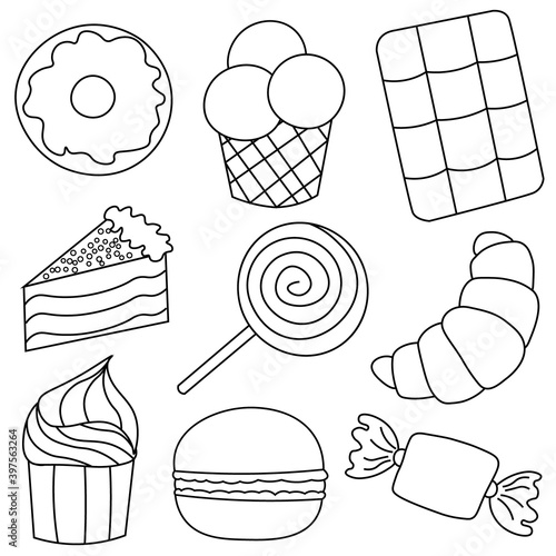 Icons on the theme of sweets in black and white