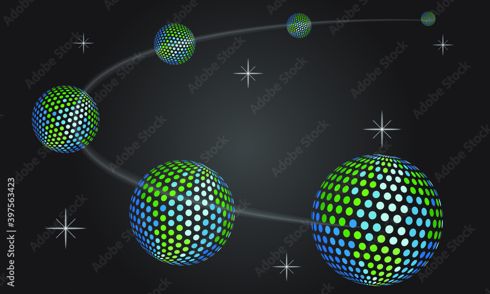 3D decorative balls with dot Sphere isolated on white background. Space with stars concept. Pixel dot design for your presentation template, brochure layout, book cover.