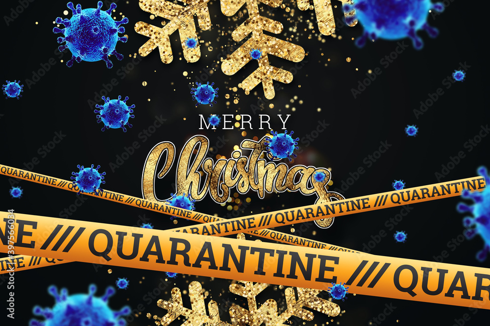 Fototapeta premium Christmas background under the tape with the inscription quarantine and flying viruses. Holiday at home, self-isolation, pandemic, covid-19. 3D illustration, 3D render.