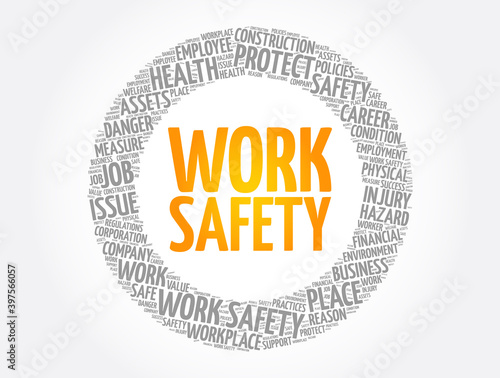 Work Safety word cloud collage with terms such as employee, company, business concept background