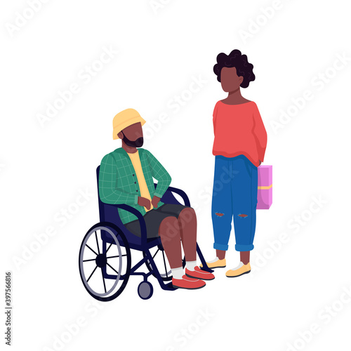 African american couple flat color vector faceless characters. Disabled man in wheelchair. Woman with surprise present. Gift giving isolated cartoon illustration for web graphic design and animation
