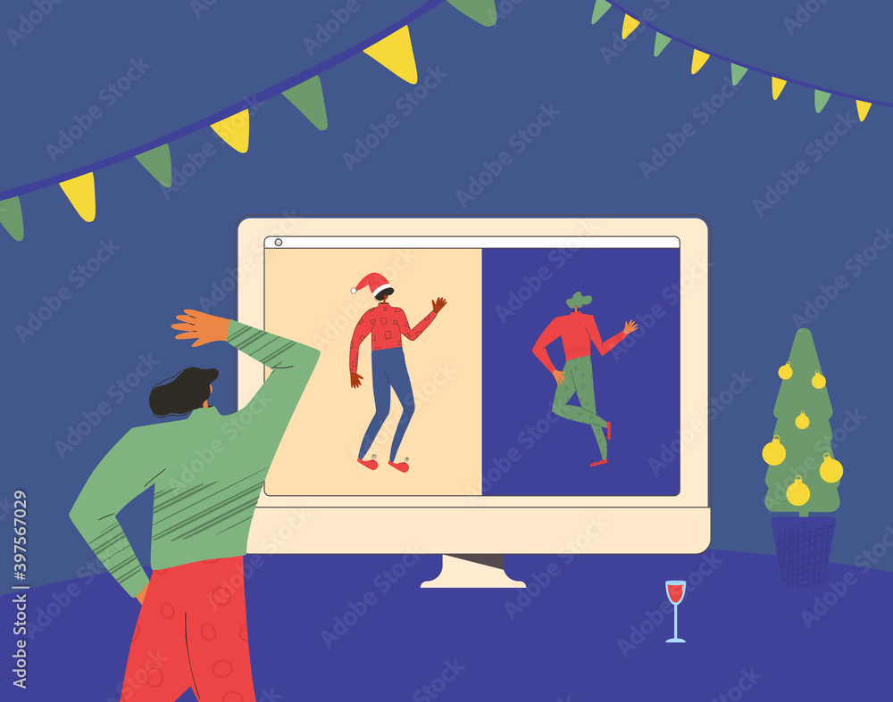 Naklejka premium Christmas celebration during pandemic of coronavirus. Two young people dancing with social distancing. Adult friends have fun. Vector illustration.