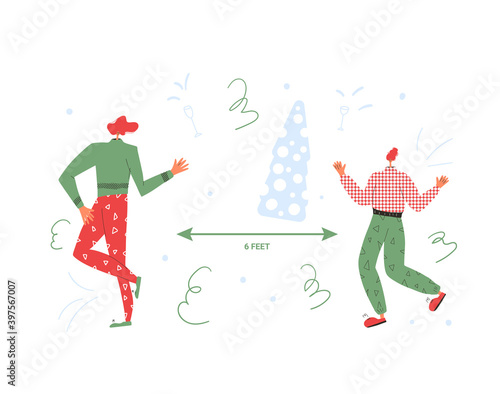 Christmas celebration during pandemic of coronavirus. Two young people dancing with social distancing. Adult friends isolated on white background. Vector flat illustration