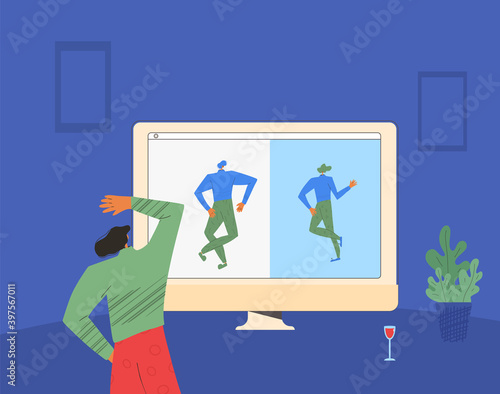 Online dance during pandemic of coronavirus. Young people dancing with video call. Online party and holiday event. Adult friends have fun. Vector illustration.