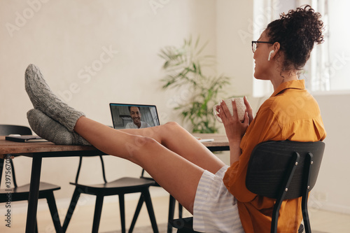 Long distance relationship couple having a video call
