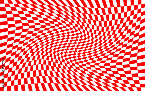 Red and white distorted checkered pattern background. Vector illustration of red and white squares. Torsion, twist, rotary deform, gyration, revolve checkerboard graphic. Croatian checkerboard concept