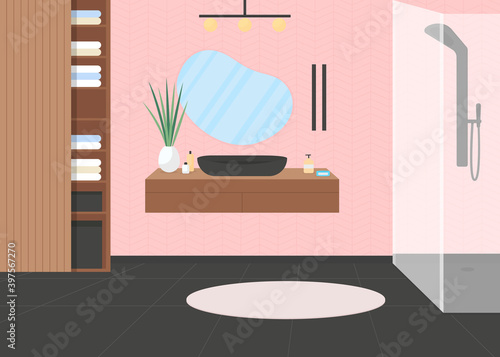 Pink luxury bathroom flat color vector illustration. Shower for personal hygiene. Wash, clean in faucet. Household furniture. Modern room 2D cartoon interior with sink and mirror on background