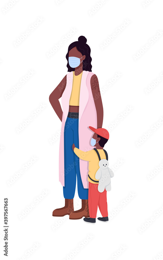 African american mother and son wearing masks flat color vector faceless characters. Epidemic precaution. Lifestyle during pandemic isolated cartoon illustration for web graphic design and animation African american mother and son wearing masks flat color vector faceless characters. Epidemic precaution. Lifestyle during pandemic isolated cartoon illustration for web graphic design and animation