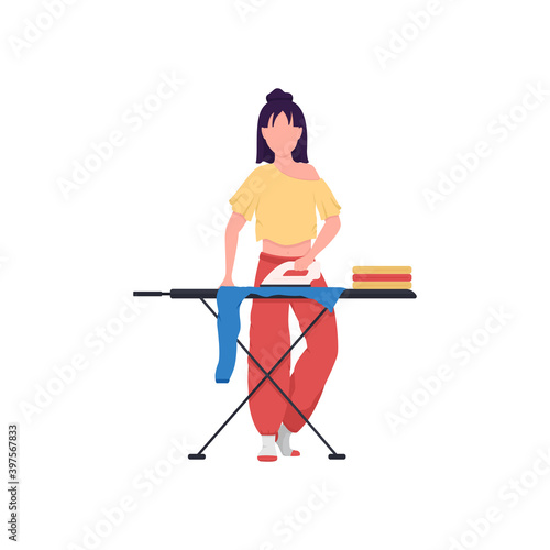 Woman ironing clothes flat color vector faceless character. Drying clean clothes. Daily chores, home routine for housewife. Housework isolated cartoon illustration for web graphic design and animation