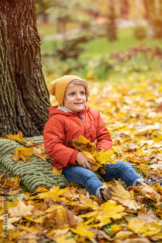 Cute little blond baby boy having fun outdoors in the park in autumn time sitting in the leaves under a tree in an autumn warm red color jacket and a cute hat.