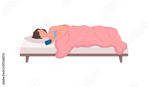 Girl with smartphone in bed flat color vector faceless character. Send message from phone. Woman receive mail. Internet communication isolated cartoon illustration for web graphic design and animation