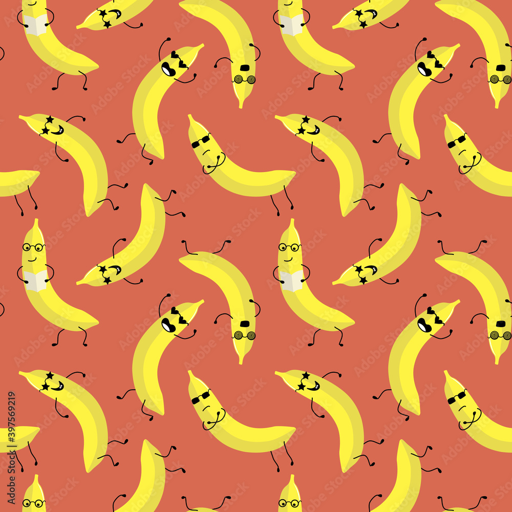 Seamless pattern with kawaii banana. Cartoon cute style. Vector illustration