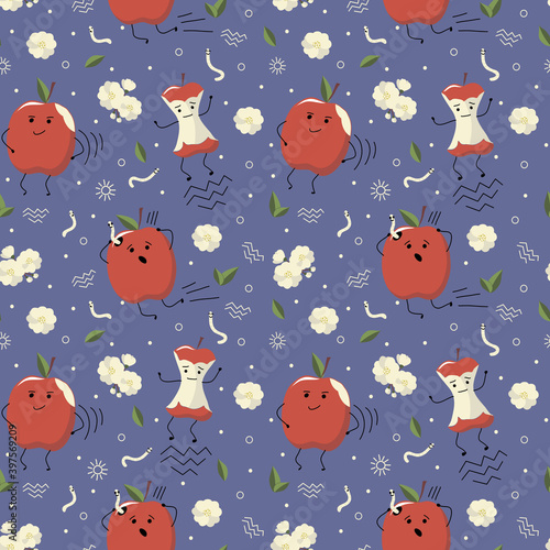 Cartoon hand drawn apple background. Colourful vector doodles on blue. Apples, half, blossom plant with leaves, worms. Funny fruits for children textile, fabric, paper.