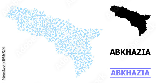 Vector mosaic map of Abkhazia created for New Year, Christmas celebration, and winter. Mosaic map of Abkhazia is organized of light blue snow items.