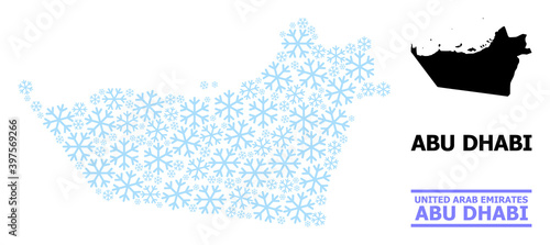Vector mosaic map of Abu Dhabi Emirate designed for New Year, Christmas celebration, and winter. Mosaic map of Abu Dhabi Emirate is designed with light blue snow items.