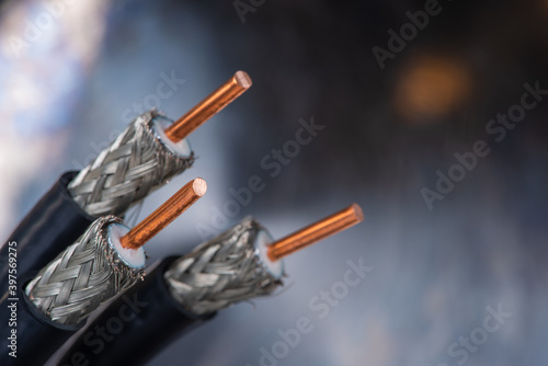 High frequency coaxial cable on metal background wih bokeh photo