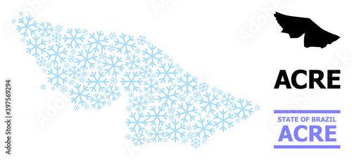 Vector mosaic map of Acre State created for New Year, Christmas celebration, and winter. Mosaic map of Acre State is created with light blue snow flakes.
