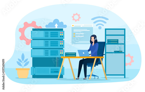 System administrator. Woman working on computer and doing technical work with server. Configuration of computer systems and networks. Cartoon flat vector illustration