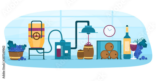 Wine production process. Fermentation, distillation, pressing, aging and bottling alcohol drink. Wooden barrel with wine. Cartoon flat vector illustration