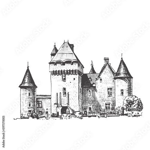 Royal Medieval Castle Palace Sketch Drawing Vector	